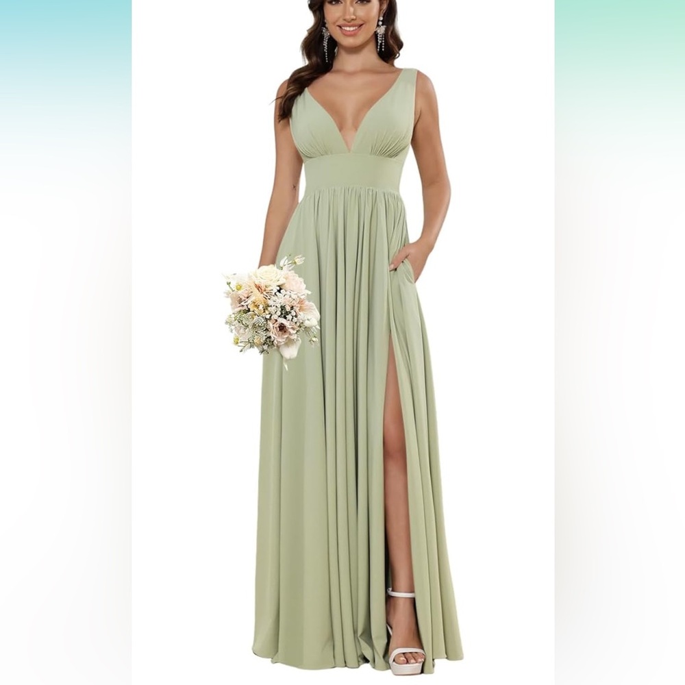 Deep V Neck Bridesmaid Dresses for Women w/ Slit Long Floor Length Formal Dress
